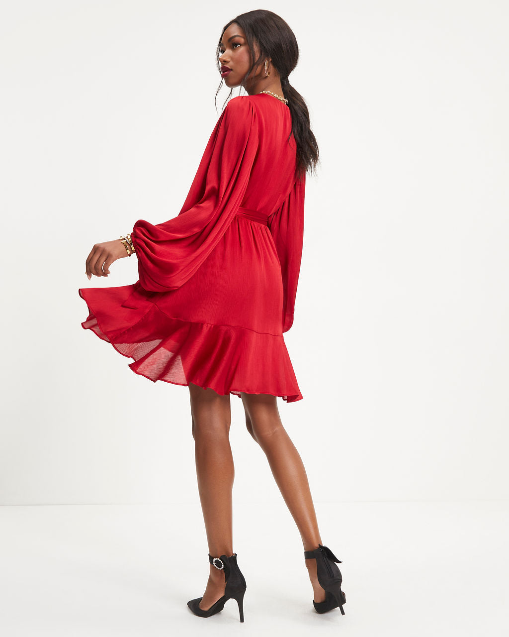 Whitney Satin Wrap Ruffle Mini Dress