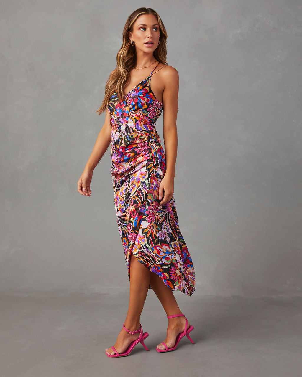 Date To Remember Satin Printed Wrap Midi Dress