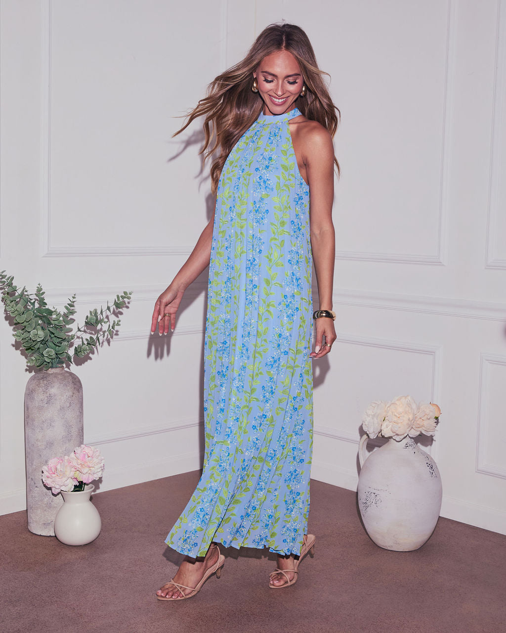 Vaughn Floral Pleated Halter Maxi Dress