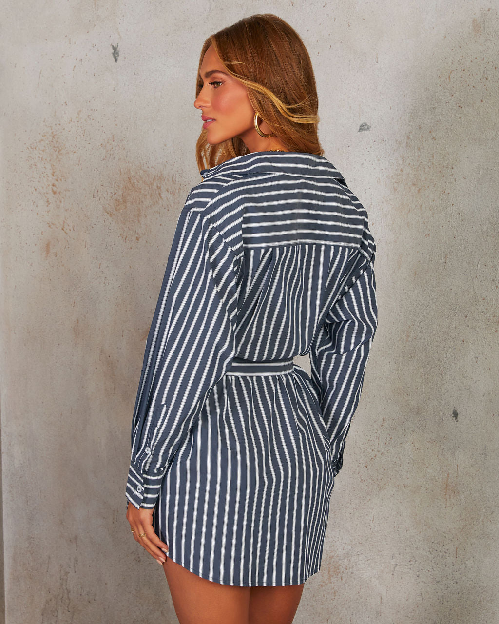 Between The Lines Waist Tie Mini Shirt Dress