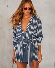 Between The Lines Waist Tie Mini Shirt Dress