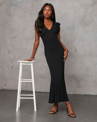 Slide Over Ribbed Knit Ruffle Midi Dress