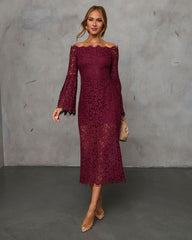 On Your Mind Off Shoulder Lace Midi Dress